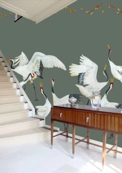 Catchii Japanese Crane Dance Green - W200003 9 Catchii Japanese Crane Dance Green - W200003 -Trendy Wanddecoratie Wereld catchii japanese crane dance green w200003 2